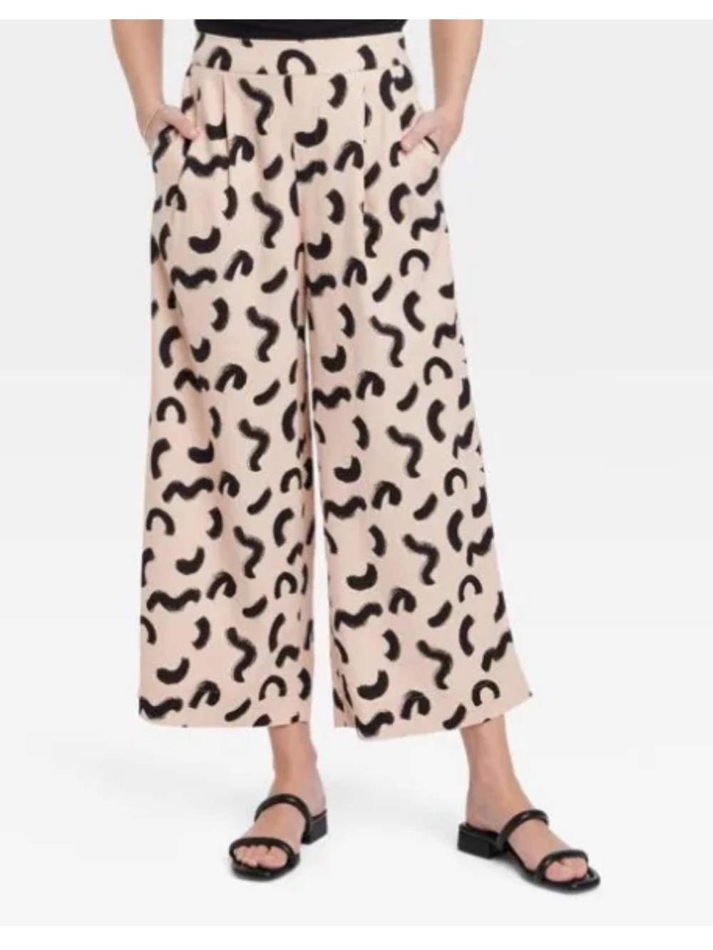 a new day Cream Wide-Leg Printed Culotte Pants with Black Abstract Pattern